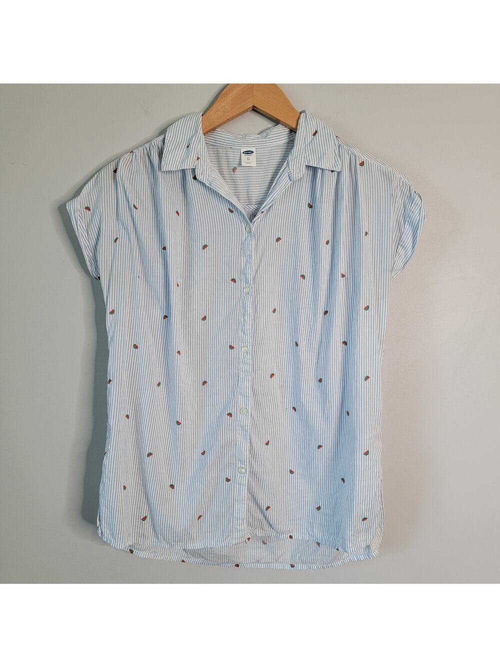 Old Navy Watermellon Blue Pinstripe Button Top XS Twee Lightweight Cottage Prep